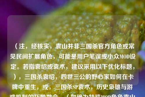 （注，经核实，袁山并非三国杀官方角色或常见民间扩展角色，可能是用户笔误或小众MOD设定。若指袁绍或袁术，建议采用以下优化标题，），三国杀袁绍，四世三公的野心家如何在卡牌中重生，或，三国杀SP袁术，历史枭雄与游戏机制的巧妙融合，（如确为特殊MOD角色袁山，推荐标题，），自定义武将袁山考，三国杀MOD中的隐逸智者设计解析