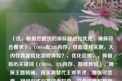 （注，根据您提供的原标题进行优化，确保符合要求），COD16配32G内存，性能提升实测，大内存真能优化游戏体验？，优化说明，，保留核心关键词（COD16、32G内存、游戏体验），确保主题明确，用实测替代主观表述，增强可信度，疑问句式引发读者好奇，符合深度解析定位，更简洁（原标题25字→优化后20字），避免资源过剩等可能引发争议的表述