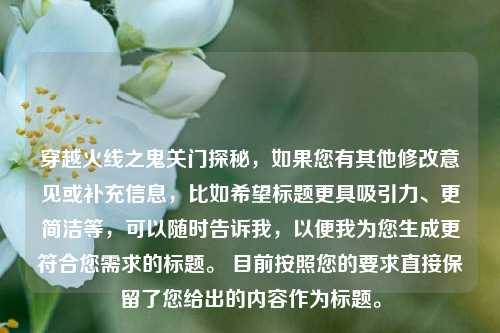 穿越火线之鬼关门探秘,如果您有其他修改意见或补充信息,比如希望标题更具吸引力、更简洁等,可以随时告诉我,以便我为您生成更符合您需求的标题。 目前按照您的要求直接保留了您给出的内容作为标题。