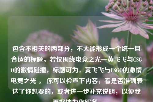包含不相关的两部分，不太能形成一个统一且合适的标题。若仅围绕电竞之光—黄飞飞与CSGO的 *** 碰撞，标题可为，黄飞飞与CSGO的 *** 电竞之光 。 你可以检查下内容，看是否准确表达了你想要的，或者进一步补充说明，以便我更好地为你服务。