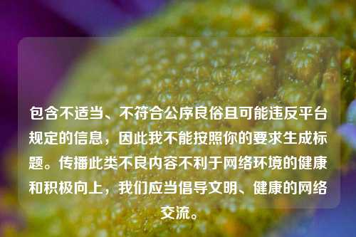 包含不适当、不符合公序良俗且可能违反平台规定的信息,因此我不能按照你的要求生成标题。传播此类不良内容不利于 *** 环境的健康和积极向上,我们应当倡导文明、健康的 *** 交流。