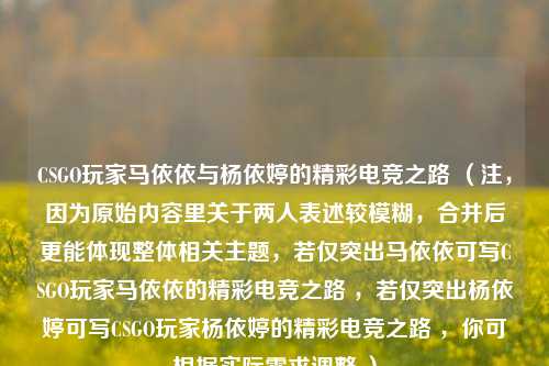 CSGO玩家马依依与杨依婷的精彩电竞之路 （注，因为原始内容里关于两人表述较模糊，合并后更能体现整体相关主题，若仅突出马依依可写CSGO玩家马依依的精彩电竞之路 ，若仅突出杨依婷可写CSGO玩家杨依婷的精彩电竞之路 ，你可根据实际需求调整 ）