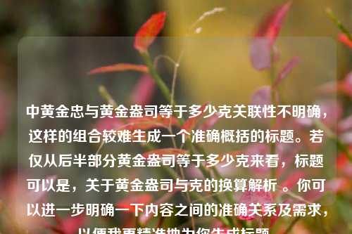中黄金忠与黄金盎司等于多少克关联性不明确,这样的组合较难生成一个准确概括的标题。若仅从后半部分黄金盎司等于多少克来看,标题可以是,关于黄金盎司与克的换算解析 。你可以进一步明确一下内容之间的准确关系及需求,以便我更精准地为你生成标题。