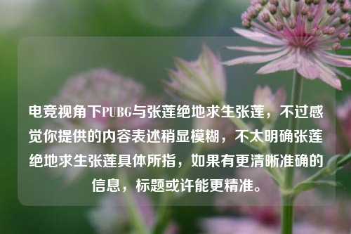 电竞视角下PUBG与张莲绝地求生张莲，不过感觉你提供的内容表述稍显模糊，不太明确张莲绝地求生张莲具体所指，如果有更清晰准确的信息，标题或许能更精准。